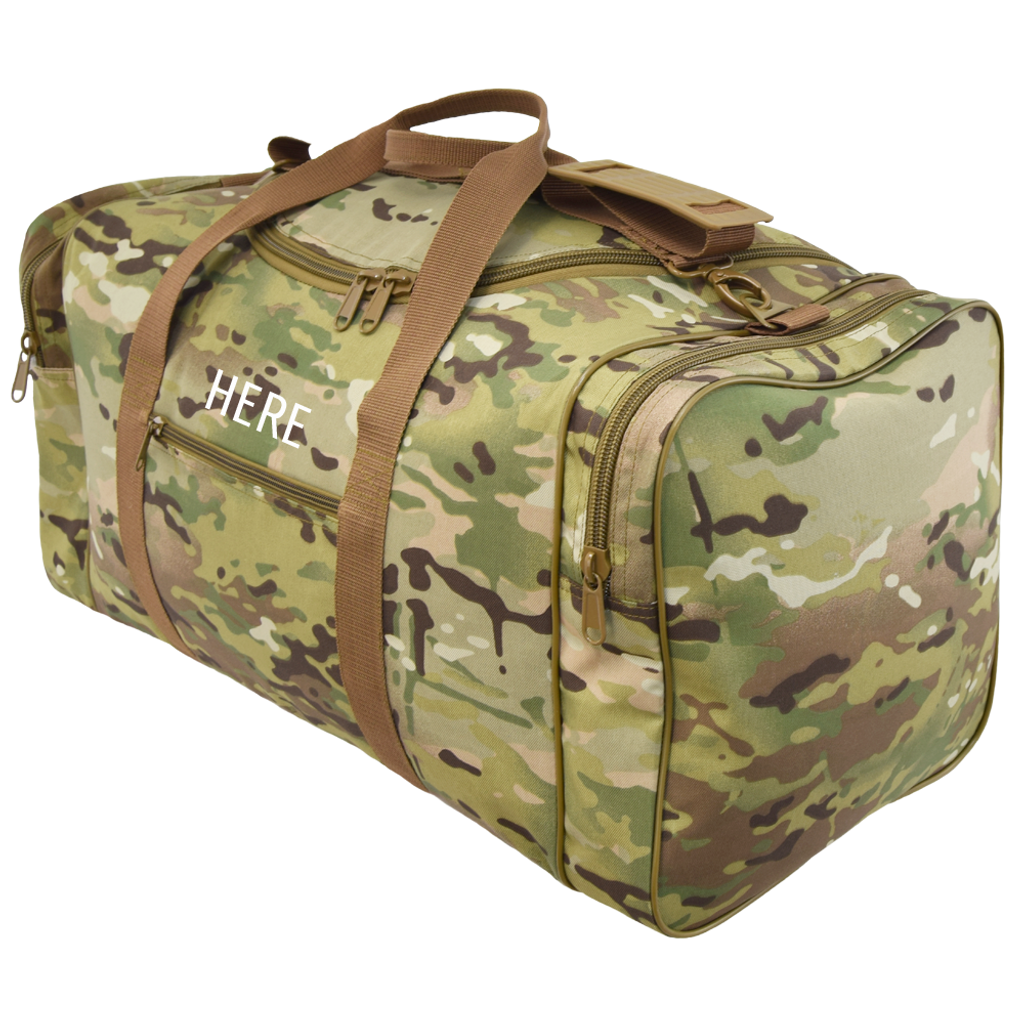 MultiCam® Large Square Duffel with monogram placement shown above front pocket.