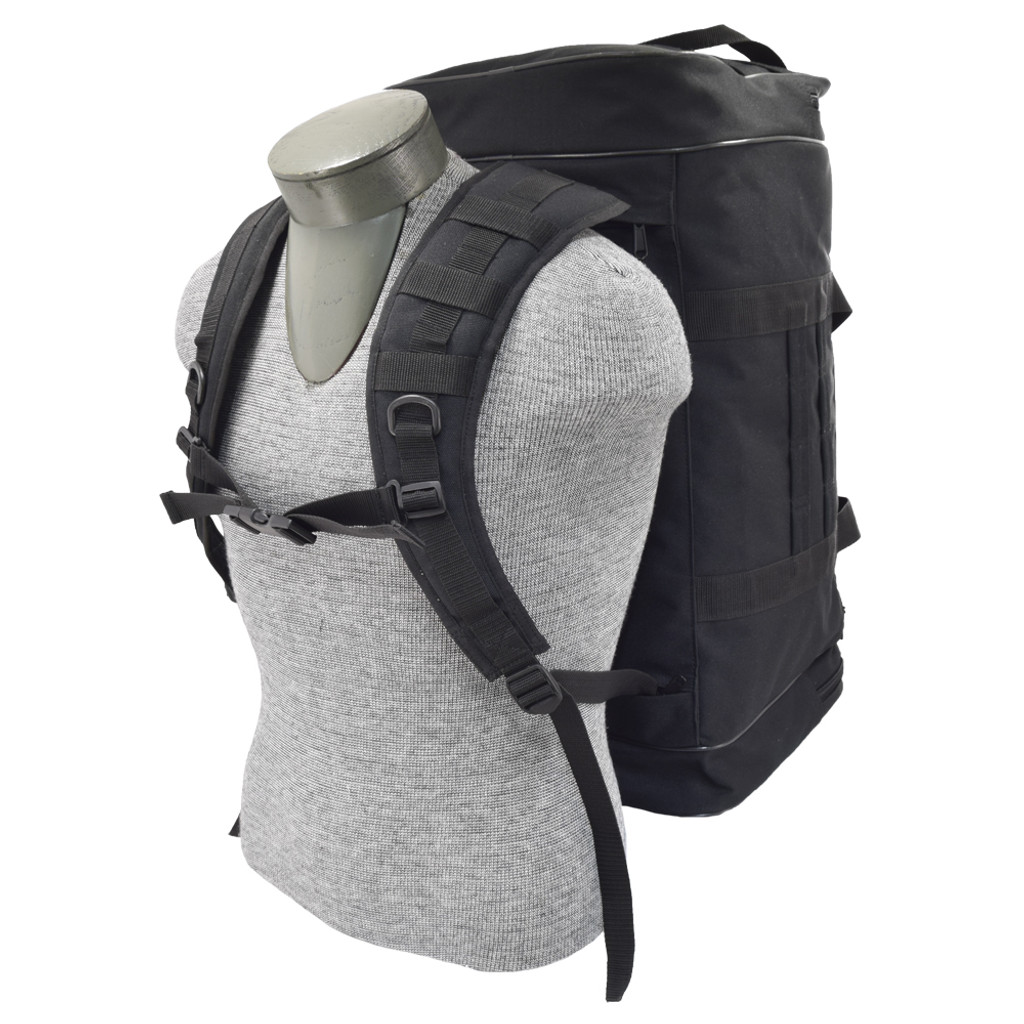 Easily transforms from a duffel to a backpack with stow-away straps stored in bottom pocket