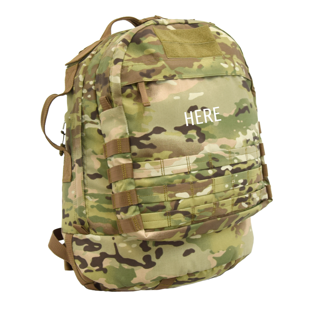 Monogram placement shown on front pocket of the Pecos Tactical Backpack in MultiCam®.