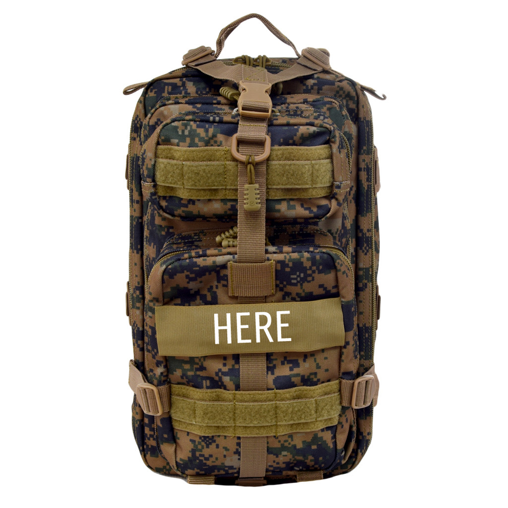 Presidio Tactical Assault Pack in Woodland Camo showing monogram placement on center VELCRO® strip.