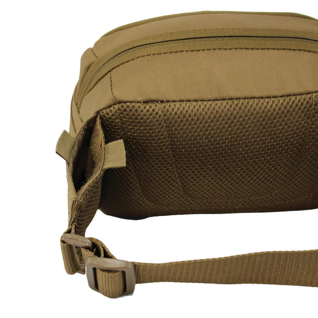 EDC Sling Bag & Waist Pack in Coyote Brown small side pocket.