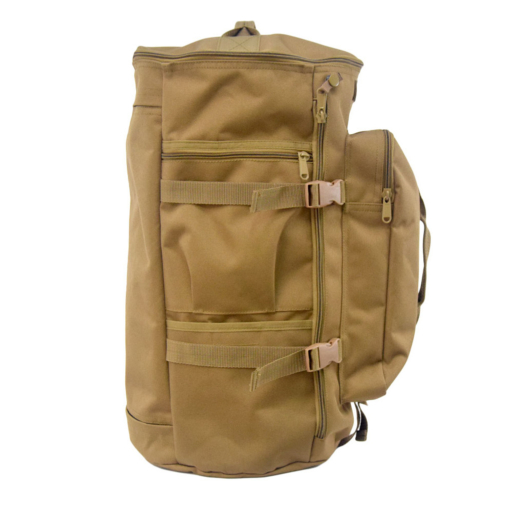 Side of GTFO Top Load Duffel Backpack in coyote brown showing zippered pocket, pocket with Velcro closure to secure items, and compression straps.