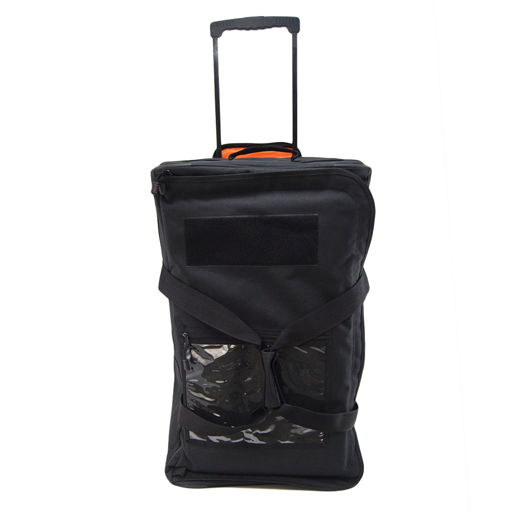 Front view of the black Buffalo Duffel on wheels with retractable locking telescoping handle pulled up.