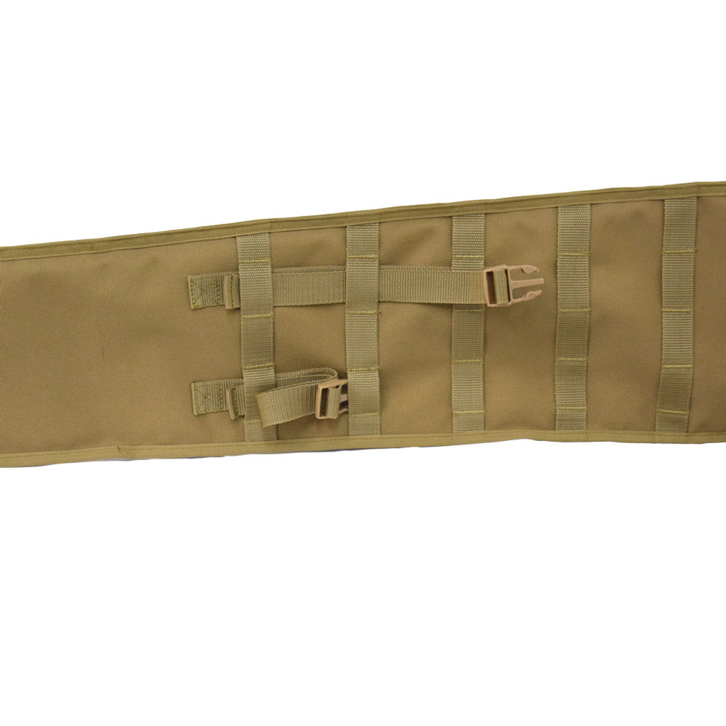 Coyote brown Shotgun Scabbard  close up of the adjustable buckles on the top front that can be pulled through MOLLE webbing to close the scabbard.