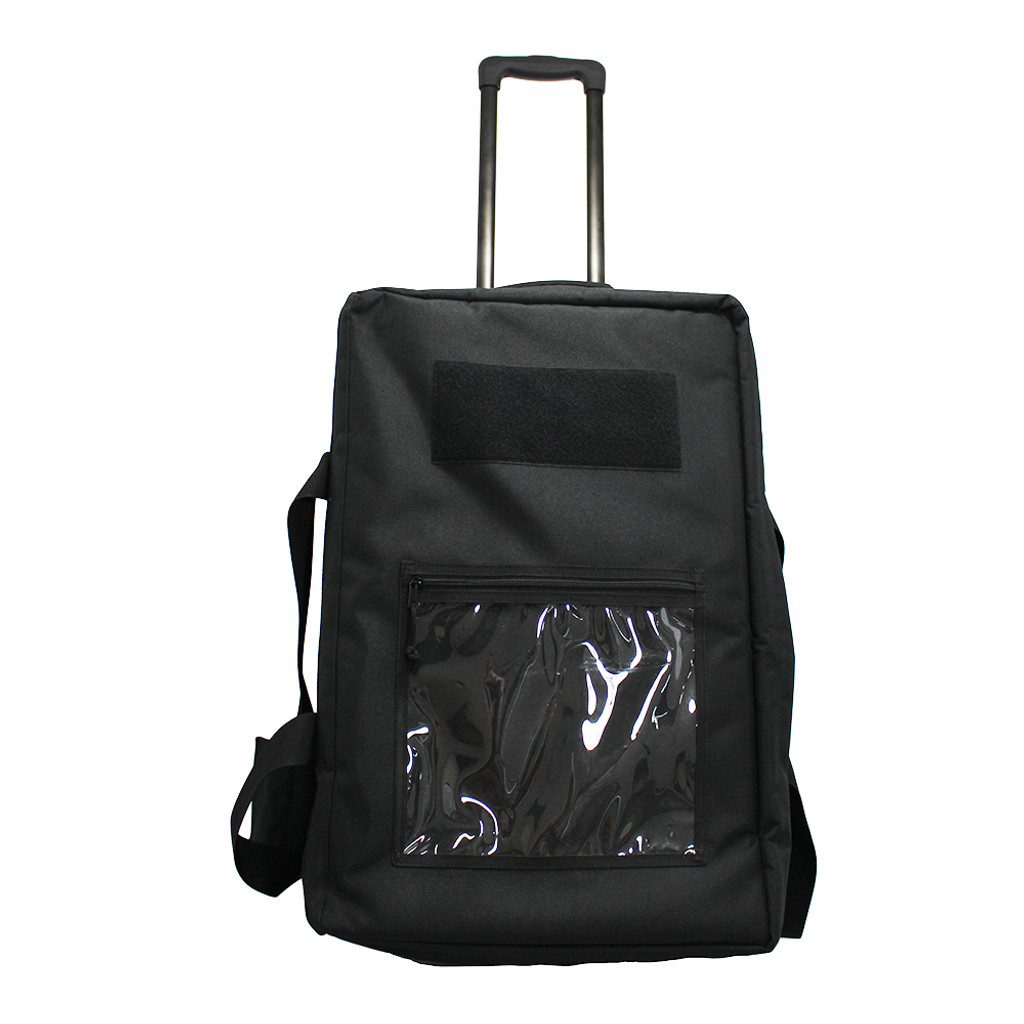 Mini Buffalo Rolling Duffel in Black, front view standing with front handles open with retractable handle extended.