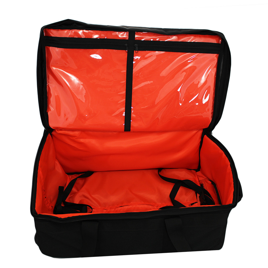 Mini Buffalo Rolling Duffel in Black, open interior view with high visibility orange interior and two large clear pockets on lid.