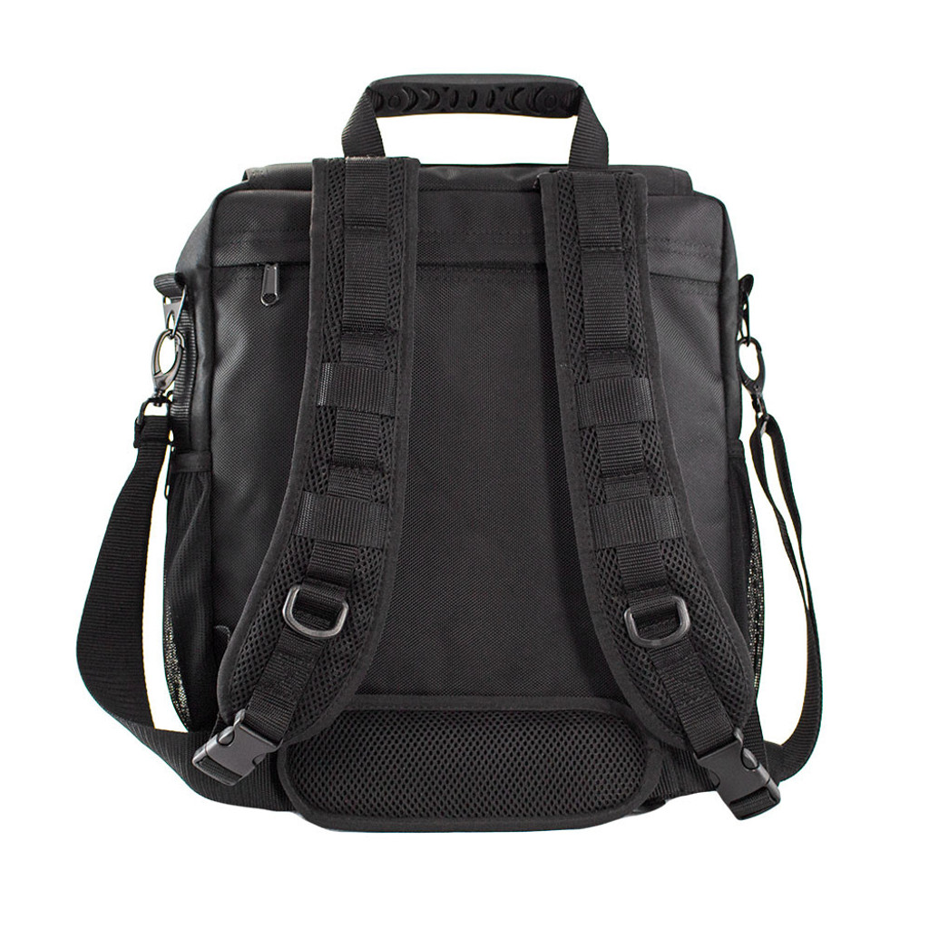 Backpack straps, shoulder strap, and top handle shown on back of Business Backpack.