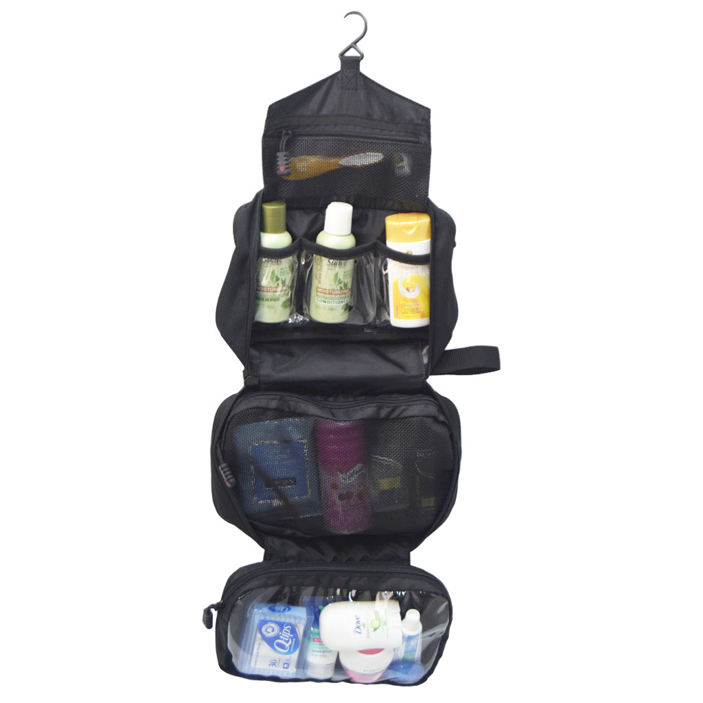 Concho Hanging Toiletry Bag in Black shown opened with hook at top for hanging and women's toiletries inside clear and mesh interior pockets.