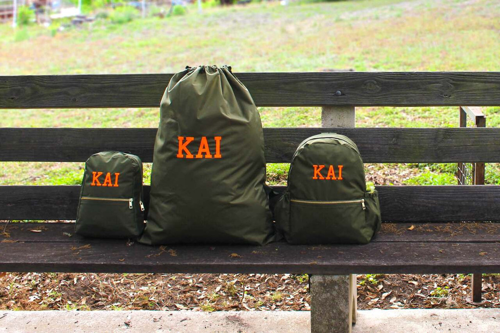 Olive Green Backpacks and Hold All Monogrammed Set with orange initials KAI.