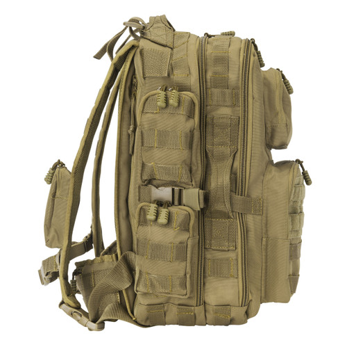 Features MOLLE webbing on front, sides, top, bottom, backpack straps, belt, and inside center pocket to clip on extras and add pouches
