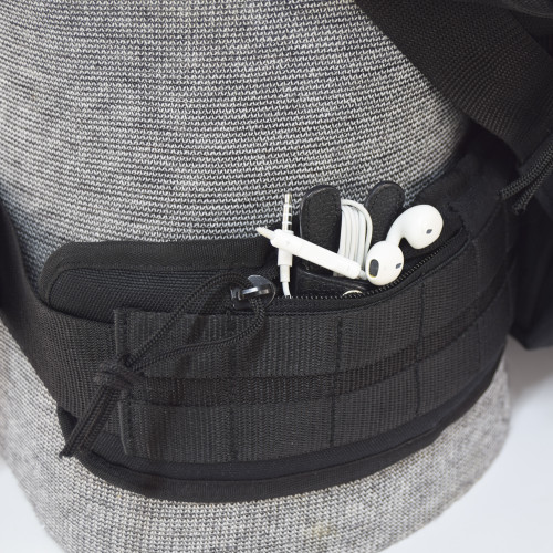 Padded, heavy duty, removable waist strap with two small zipper pockets for keys, wallet, and mobile phone, etc.