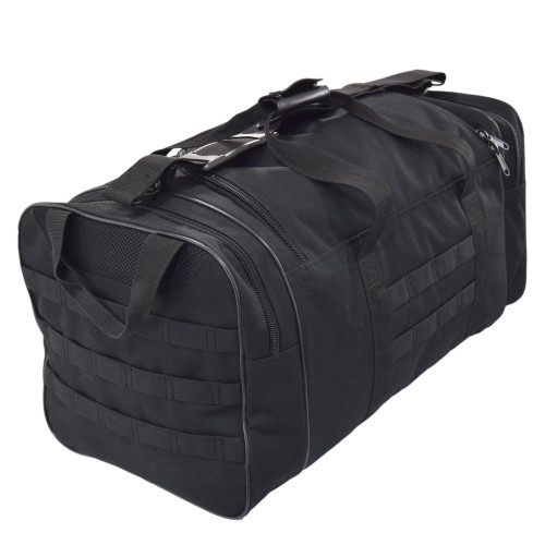 Goliad Duffel Backpack in black with shoulder strap, handles on top and end, and MOLLE webbing on end and side.