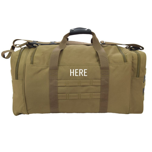 Goliad Duffel Backpack in coyote brown with monogram placement shown on side above MOLLE webbing.