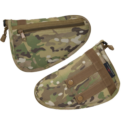 Front and back sides shown of Small Tactical Pistol Rug in MultiCam®.  One side has snap loops to secure onto MOLLE webbing and the other size has a zippered pocket.  