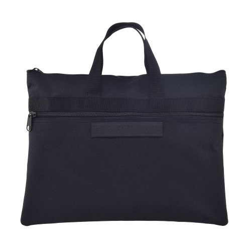 Portfolio Bag in black with grab handles on top, large front zippered pocket, and loop backing for name tape.