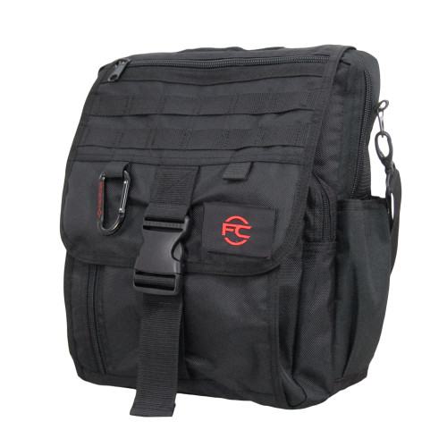 Business Backpack in black with MOLLE webbing on front, carabiner, and removable FC patch on top flap closure with buckle.