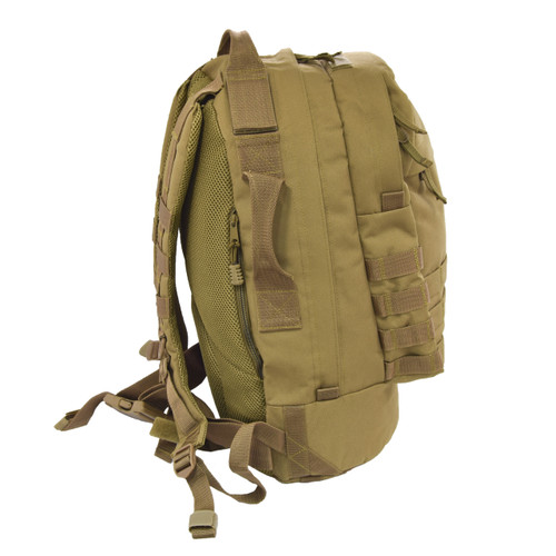 Pecos Tactical Backpack in coyote brown side view with expanded storage capability with PALS / MOLLE webbing on front, sides, and backpack straps to attach MOLLE compatible pouches and gear.