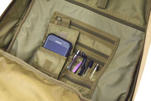 Interior organizer panel with multiple pockets for smaller items and pen slots, close up shown on the Pecos Tactical Backpack in coyote brown.