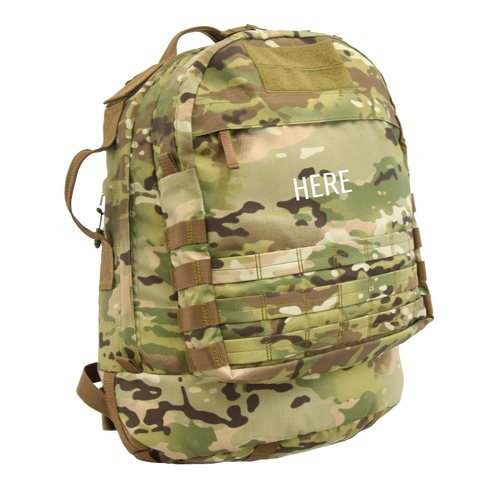 Monogram placement shown on front pocket of the Pecos Tactical Backpack in MultiCam®.