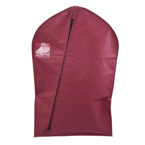 Garment Bag in maroon with zipper across front.