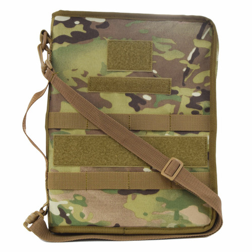 Secret Squirrel Tactical Padfolio in MultiCam® front view with three loop backing strips of varying sizes, a couple MOLLE webbing strips, grab handle on side, and shoulder strap.