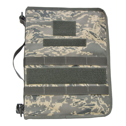 Secret Squirrel Tactical Padfolio in ABU front view with three VELCRO® strips of varying sizes, a couple MOLLE webbing strips, grab handle on side, and shoulder strap.