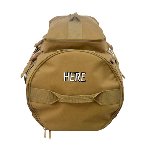 Personalize your bag with monogrammed initials or name, example shown on the top lid of the GTFO Top Load Duffel Backpack in coyote brown.