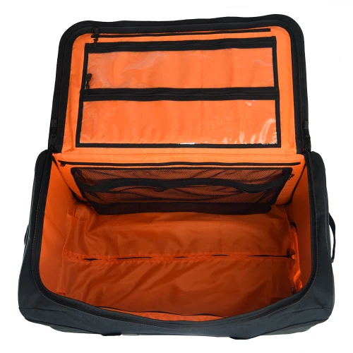 Interior view of the black Buffalo Duffel featuring large capacity, zippered lid for full access inside, & high visibility orange interior to quickly find contents.
