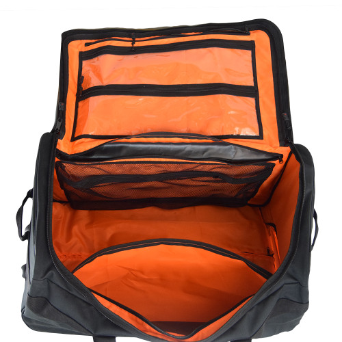 Black Buffalo Duffel opened showing how the semi-rigid foam walls hold bag open for loading and unloading.