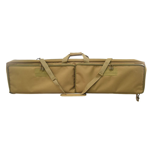 Front of coyote brown Single Rifle Case with two large pockets, shoulder strap, and grab handle at top.