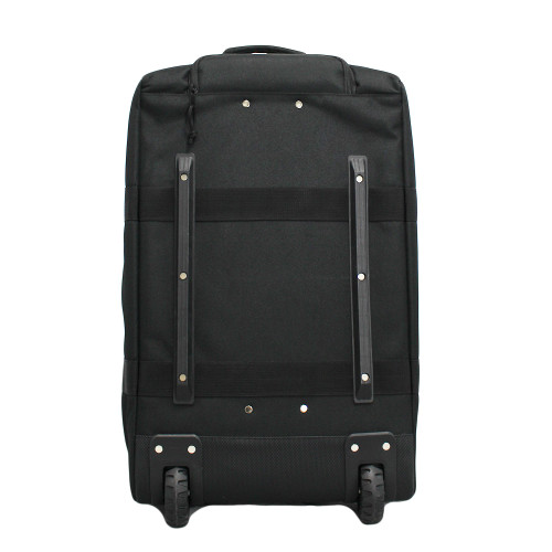 Mini Buffalo Rolling Duffel in Black, back view with abrasion guards and two heavy-duty wheels.