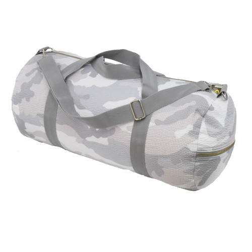 Snow Camo Seersucker Weekend Duffel with brass zippers.