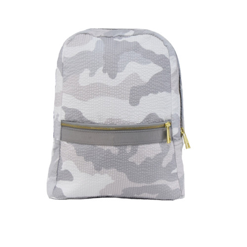Snow Camo Seersucker Small Backpack with brass zippers.