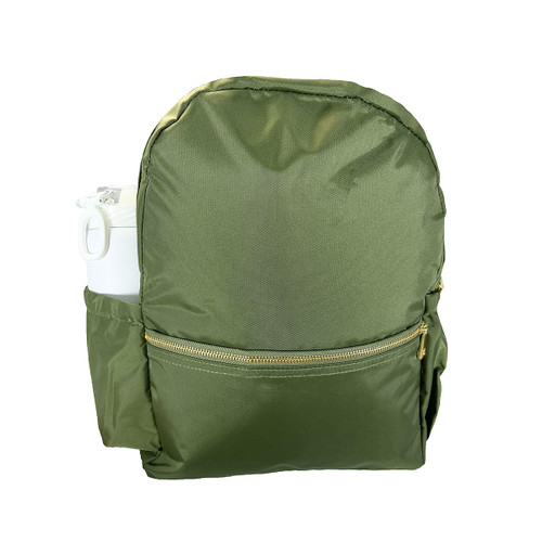 Olive Green Nylon Medium Backpack with side pockets and brass zippers.