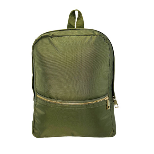 Olive Green Nylon Small Backpack with brass zippers.