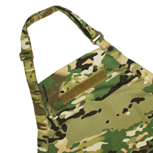 Camo Grilling Apron with loop backing for name tape and adjustable neck strap.