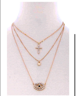 3 Chain  Layered Cross  Heart  Eye Pendant  METAL NECKLACE