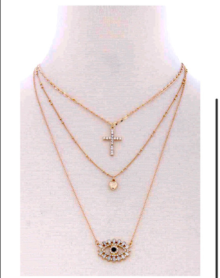 3 Chain  Layered Cross  Heart  Eye Pendant  METAL NECKLACE