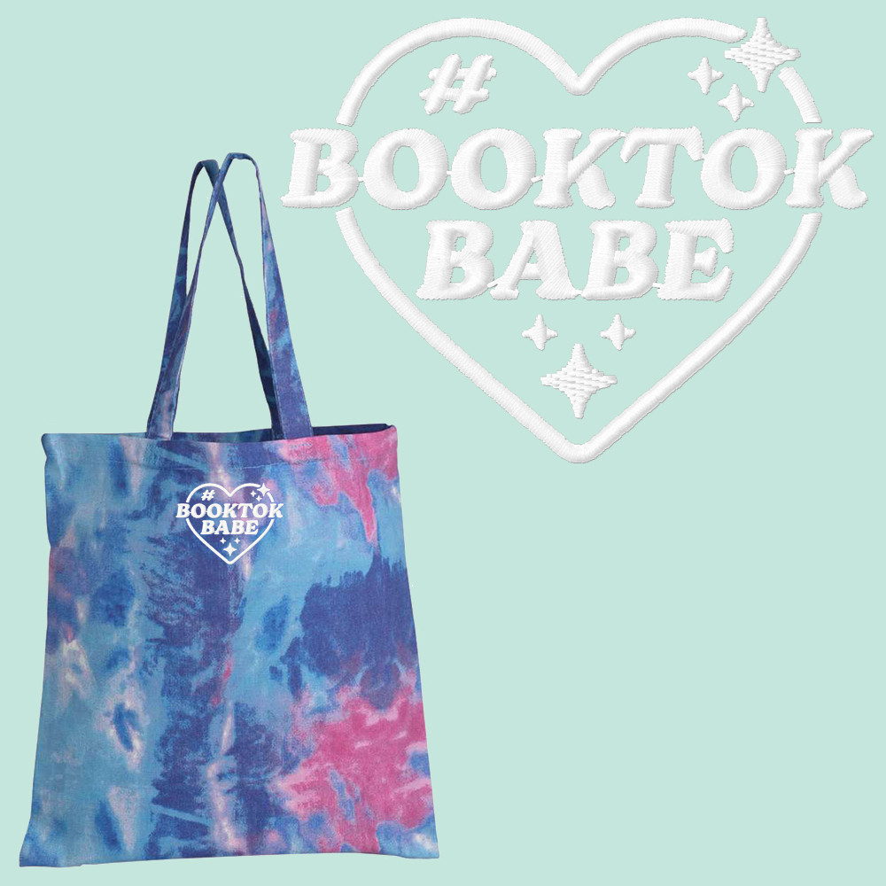 BookTokBabe EMBROIDERED White Sparkle Heart Tie Dye Canvas Tote