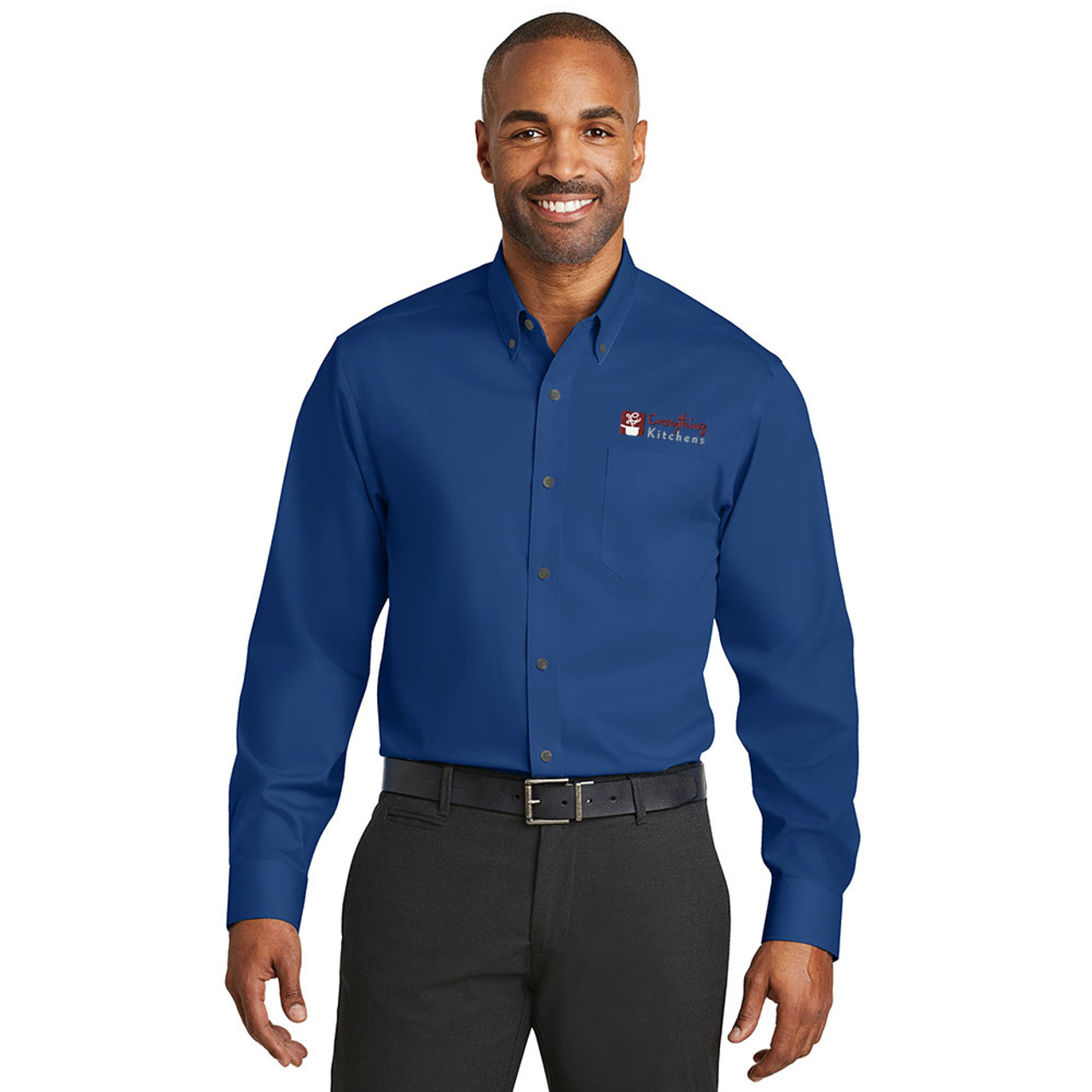 Everything Kitchens Full Color Emb No-Iron Twill Shirt in Blue