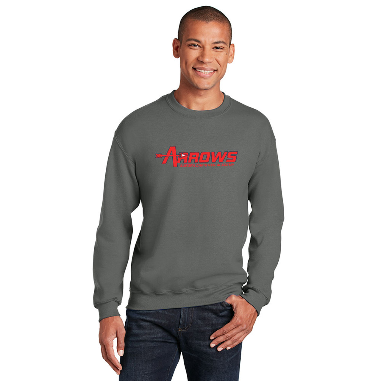 Aurora Christian Academy FULL FRONT RED ATHLETIC WORDMARK - Unisex Fleece  Crewneck Sweatshirt - Charcoal