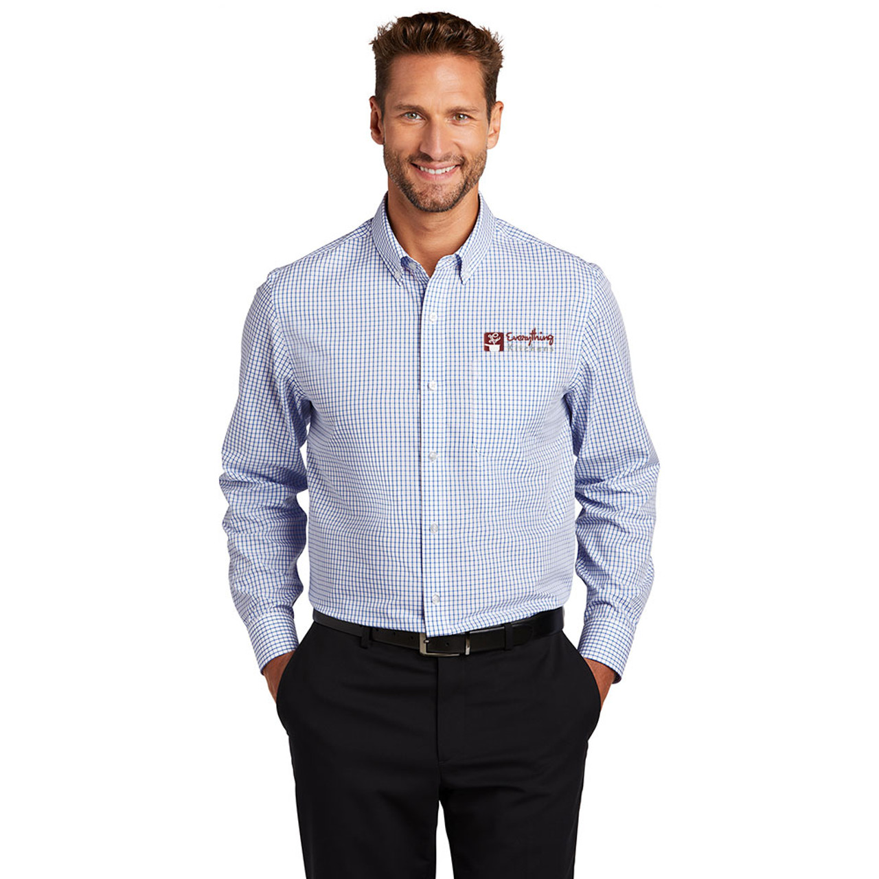 *NEW* EVERYTHING KITCHENS - FULL COLOR EMBROIDERED LOGO - Open Ground Check  No-Iron Twill Shirt - Medium Blue/White