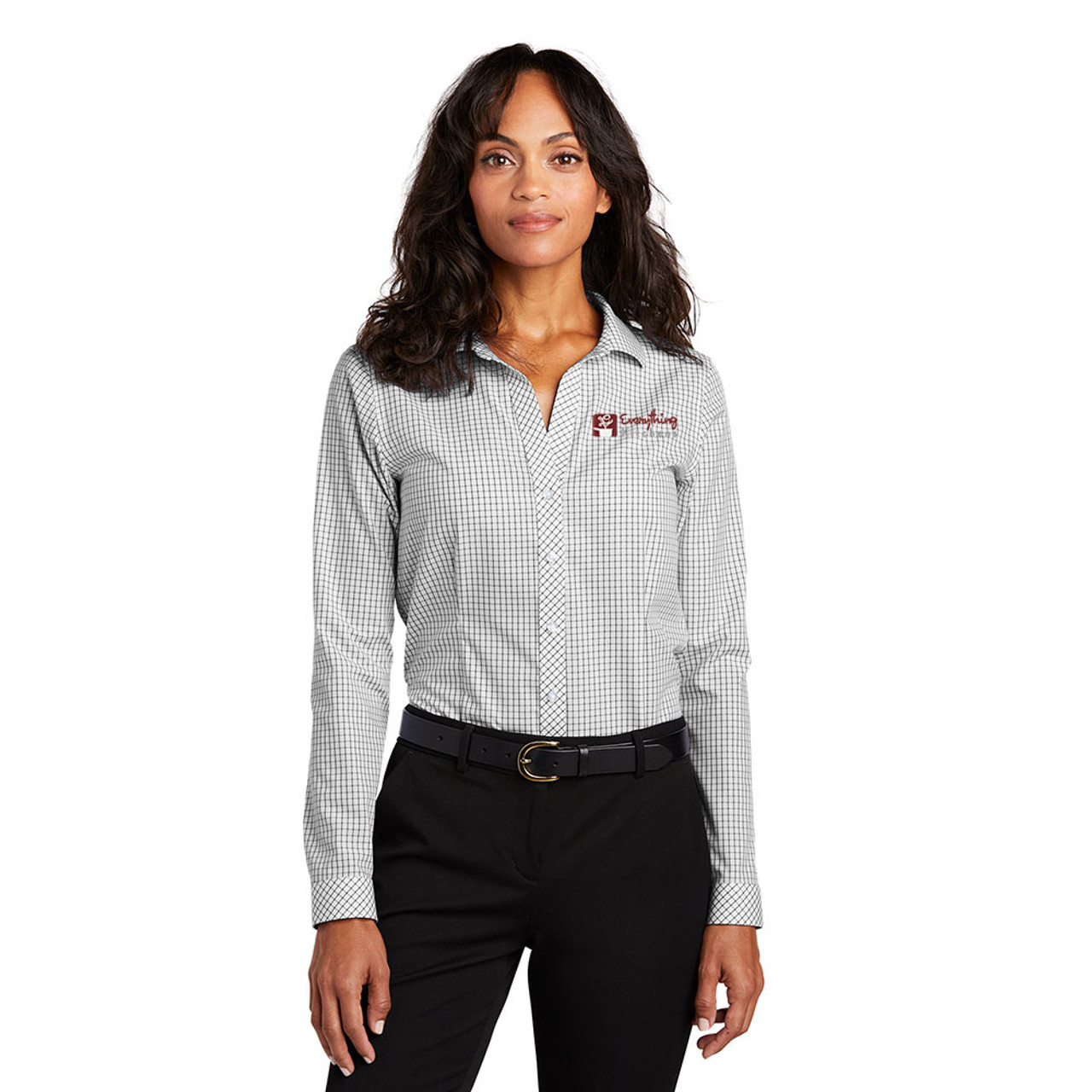 *NEW* EVERYTHING KITCHENS - FULL COLOR EMBROIDERED LOGO - Ladies Open  Ground Check No-Iron Twill Shirt - Black/White