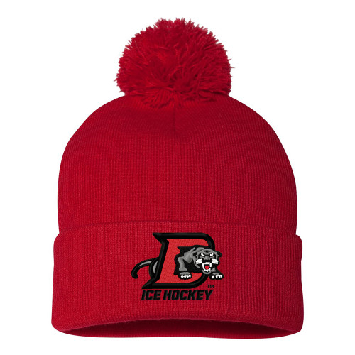 Drury Hockey Embroidered PANTHERS ICE HOCKEY Cuffed Pom Pom Beanie - Red