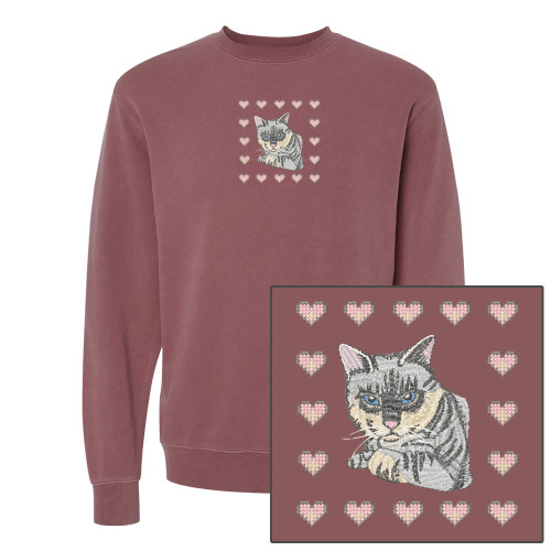 Love Cat EMBROIDERED Garment Dyed Unisex Sweatshirt - Pigment Maroon