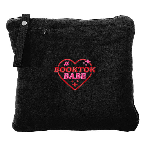 #BookTokBabe EMBROIDERED Red & Pink Sparkle Heart - Zippered Travel Blanket - Black