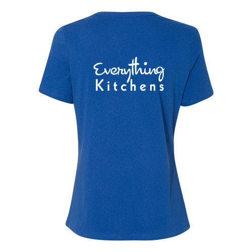 EVERYTHING KITCHENS - WHITE - FLC PAN, BACK TEXT, SLEEVE EK - Super Soft LADIES RELAXED FIT Cotton Jersey Tee - True Royal EVERYTHING KITCHENS - WHITE - FLC PAN, BACK TEXT, SLEEVE EK - Super Soft LADIES RELAXED FIT Cotton Jersey Tee - True Royal