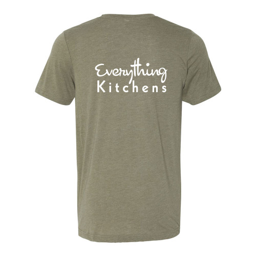 EVERYTHING KITCHENS - WHITE - FLC PAN, BACK TEXT, SLEEVE EK - Super Soft Tee - Heather Olive EVERYTHING KITCHENS - WHITE - FLC PAN, BACK TEXT, SLEEVE EK - Super Soft Tee - Heather Olive