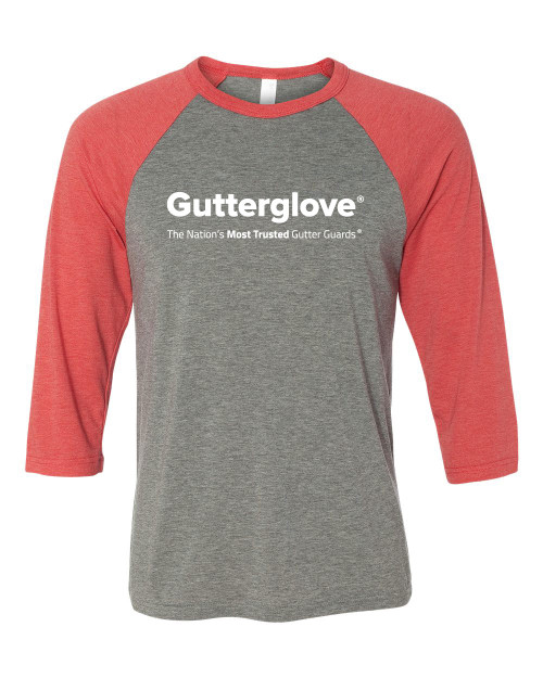Gutterglove® FULL FRONT WHITE WORDMARK - Premium Unisex Baseball Tee - Grey / Red Triblend