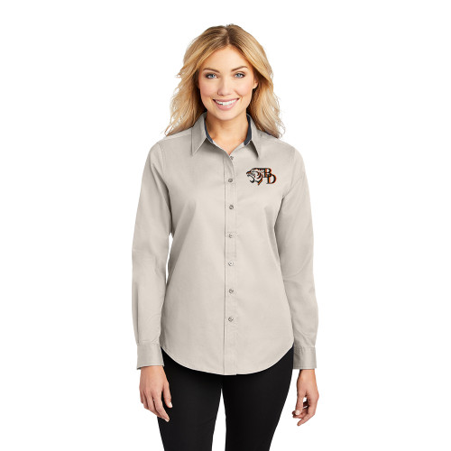 Brentsville Embroidered TIGER-BD Ladies Long Sleeve Easy Care Shirt - Light Stone/Classic Navy